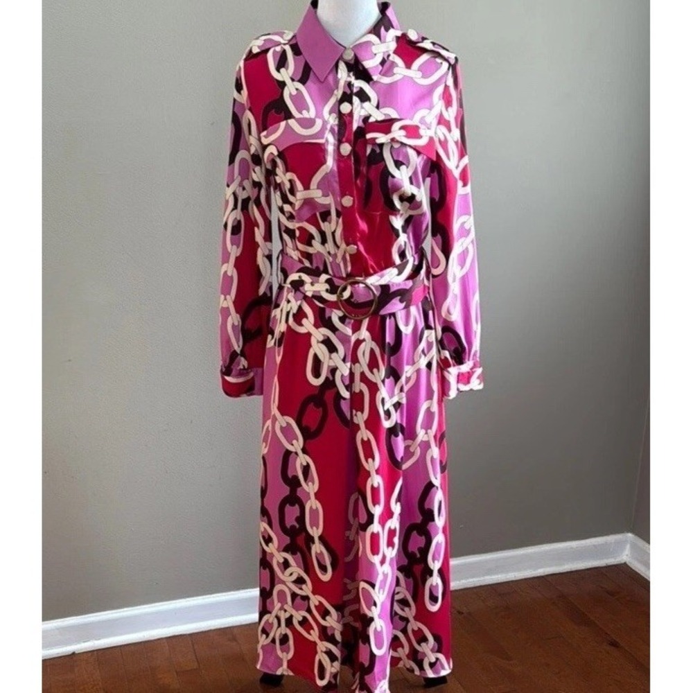 Zara Pink and Red Chain Print Ivory Enamel Button Satin Shirt Dress Size large - Picture 2 of 9